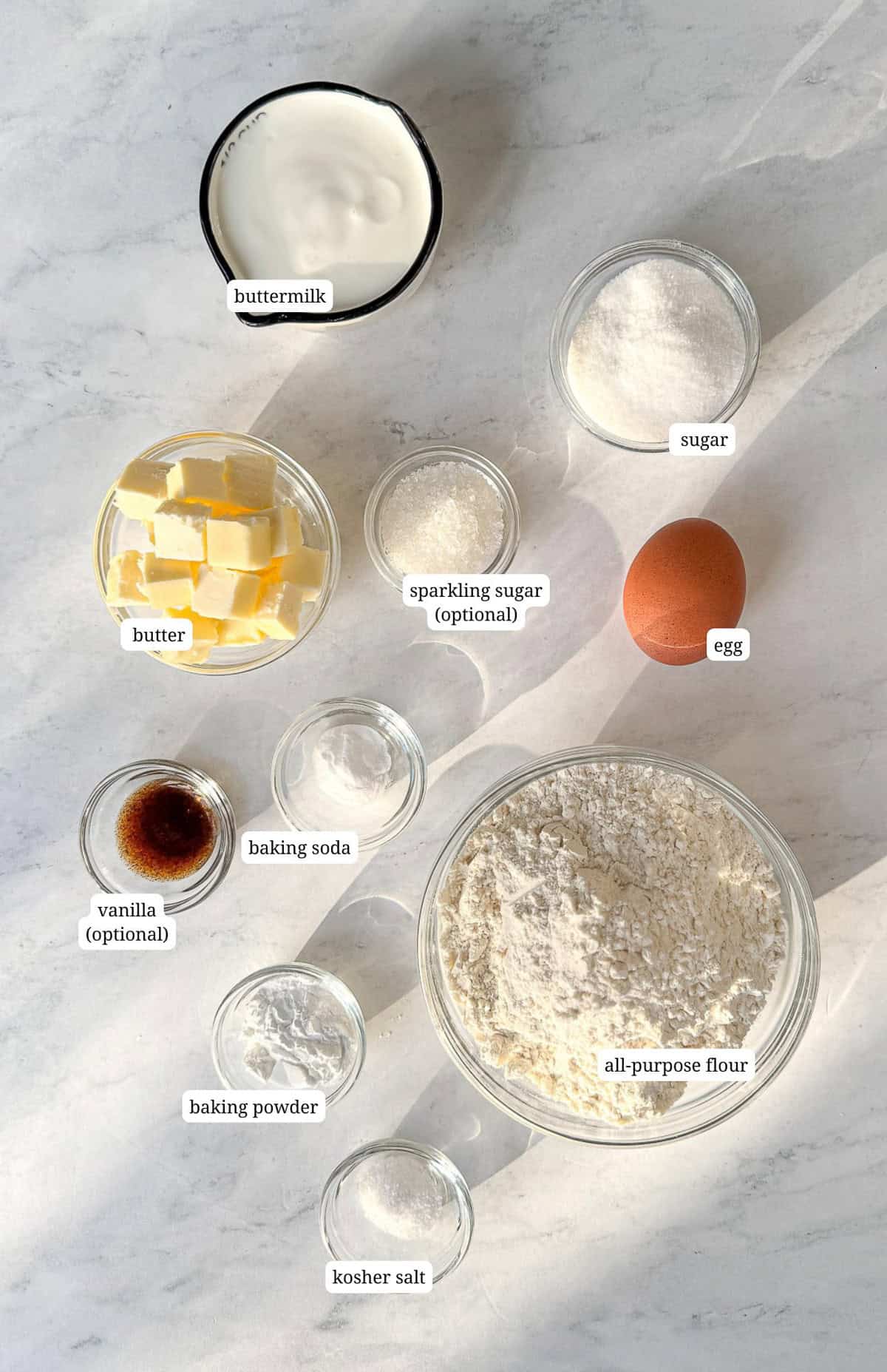 Labelled image of ingredients needed to make buttermilk scones.