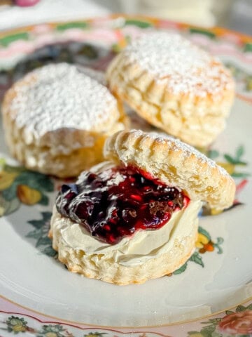 British cream scone with clotted cream and jam on a floral plate.