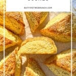 Pinterest image of buttermilk scones on a parchment paper cutting board.