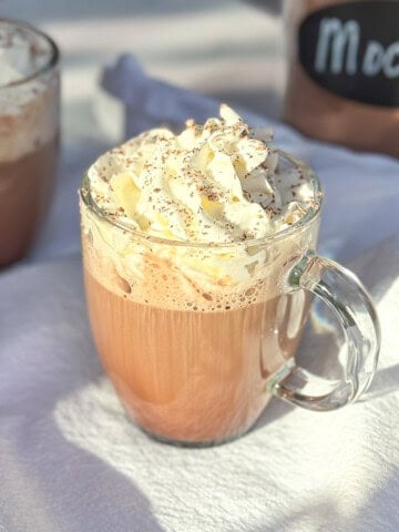 A cup of brewed homemade mocha mix with whipped cream and shaved chocolate.