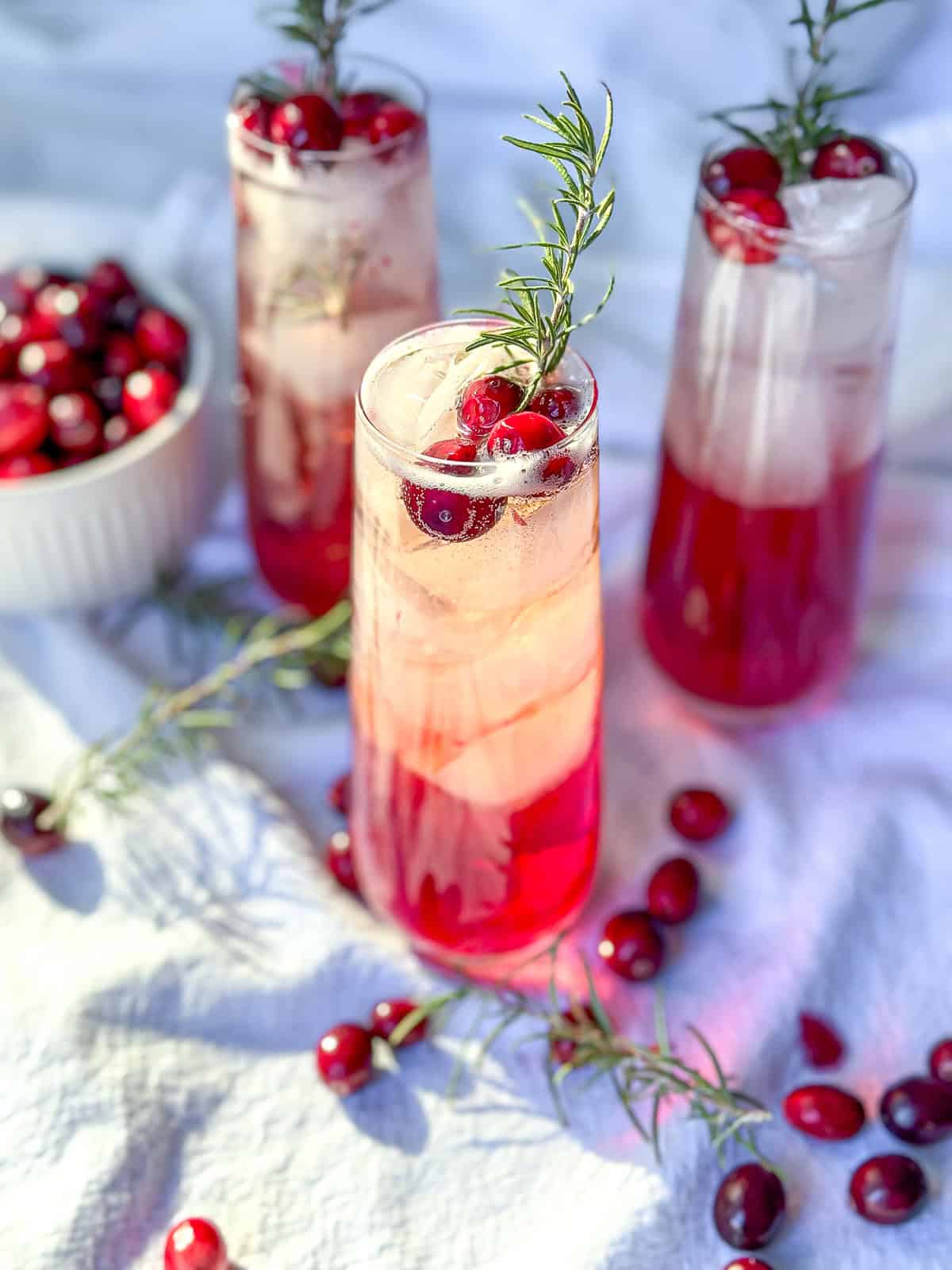 Cranberry mocktails with fresh cranberries and sprigs of rosemary.