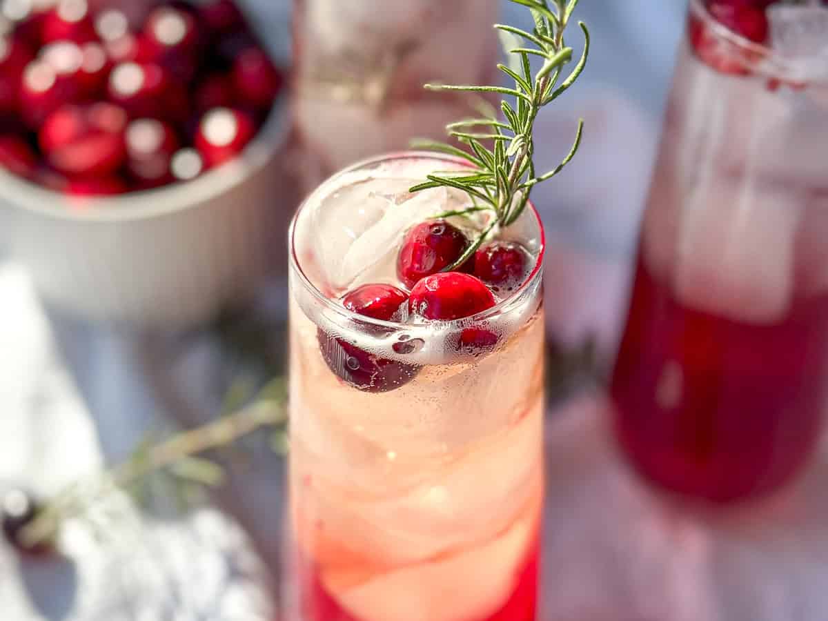 A cranberry mocktail with fresh cranberries and a sprig of rosemary.