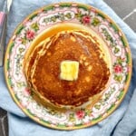 Easy homemade pancakes on a flowered plate.