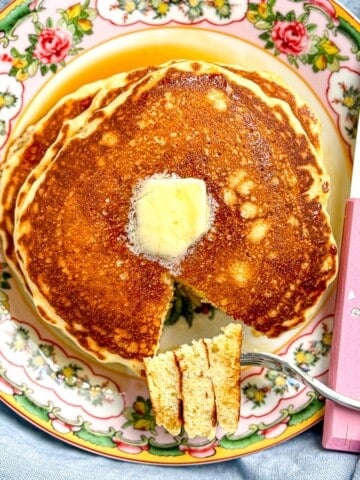 Easy homemade pancakes on a flowered plate.