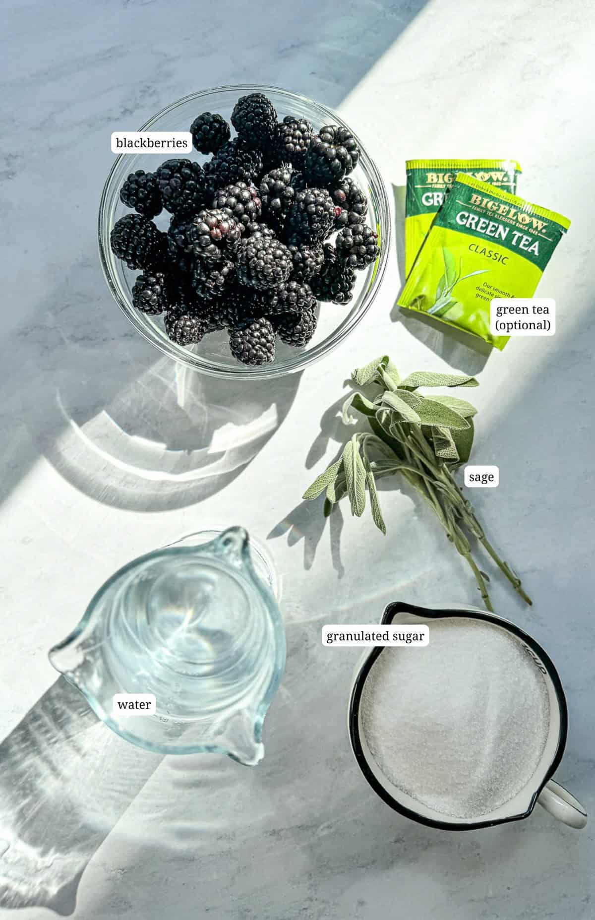 Ingredients needed to make blackberry sage refreshers.