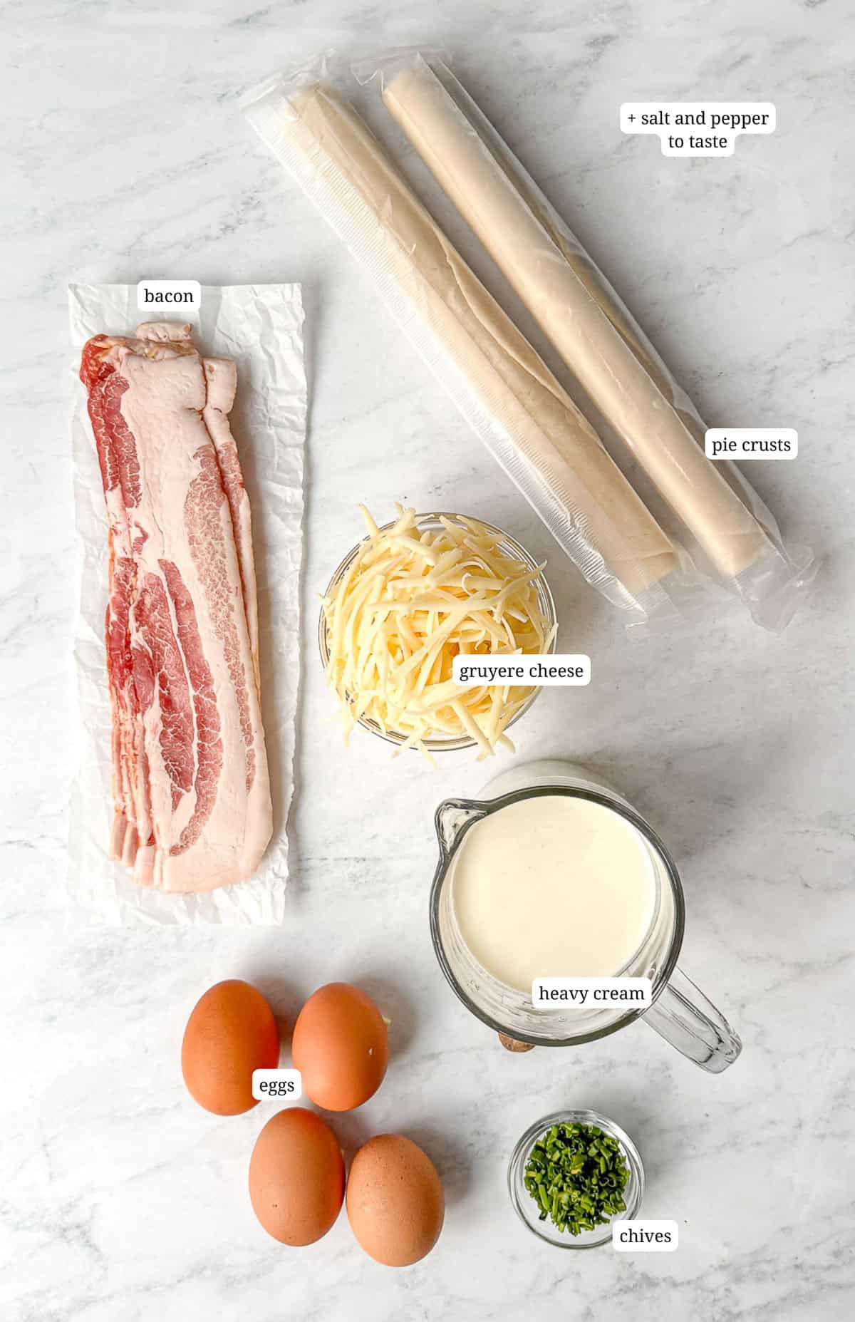 Ingredients needed to make mini muffin tin quiche Lorraine.