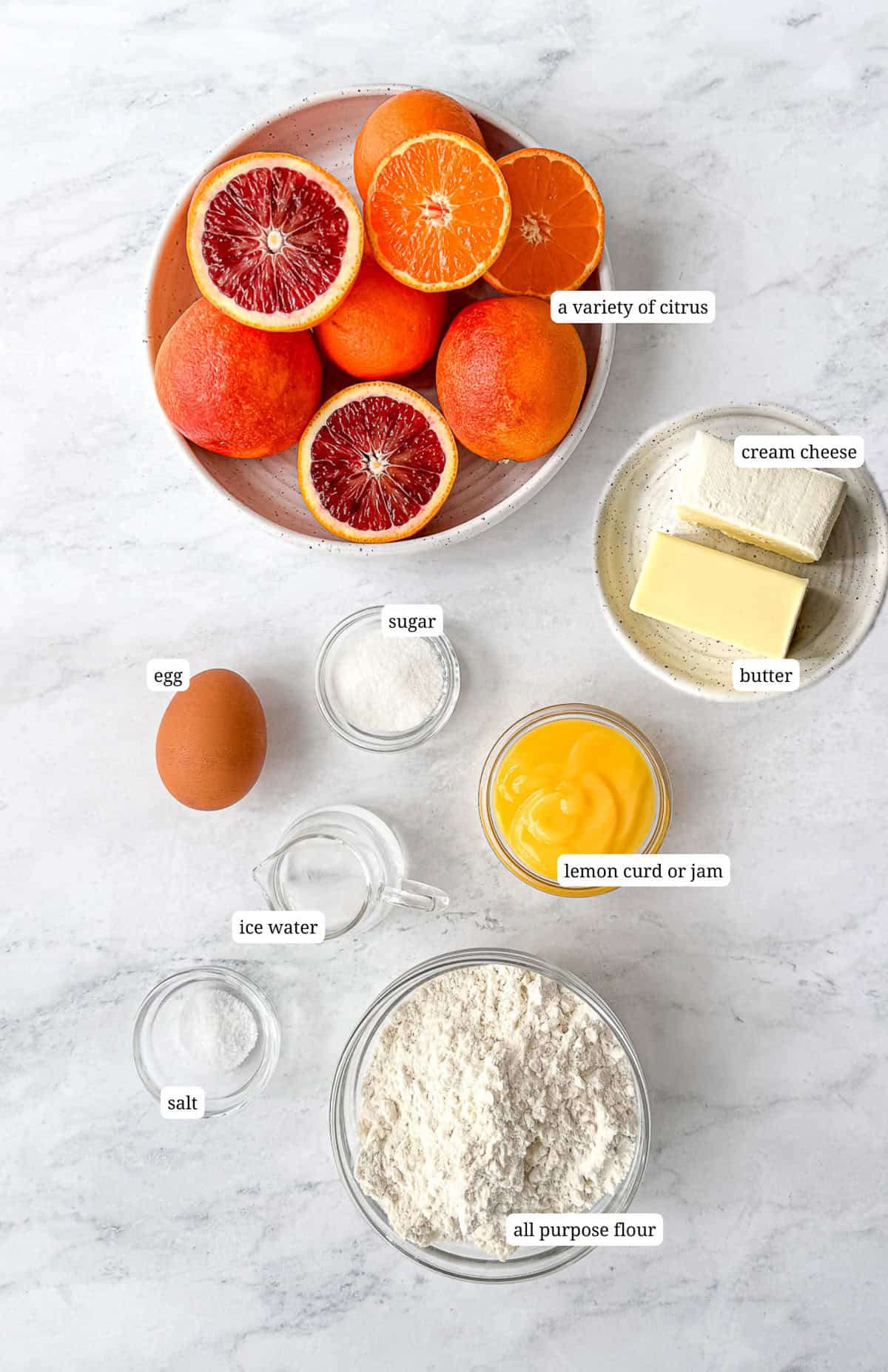 Ingredients needed to make a citrus Galette with lemon curd.