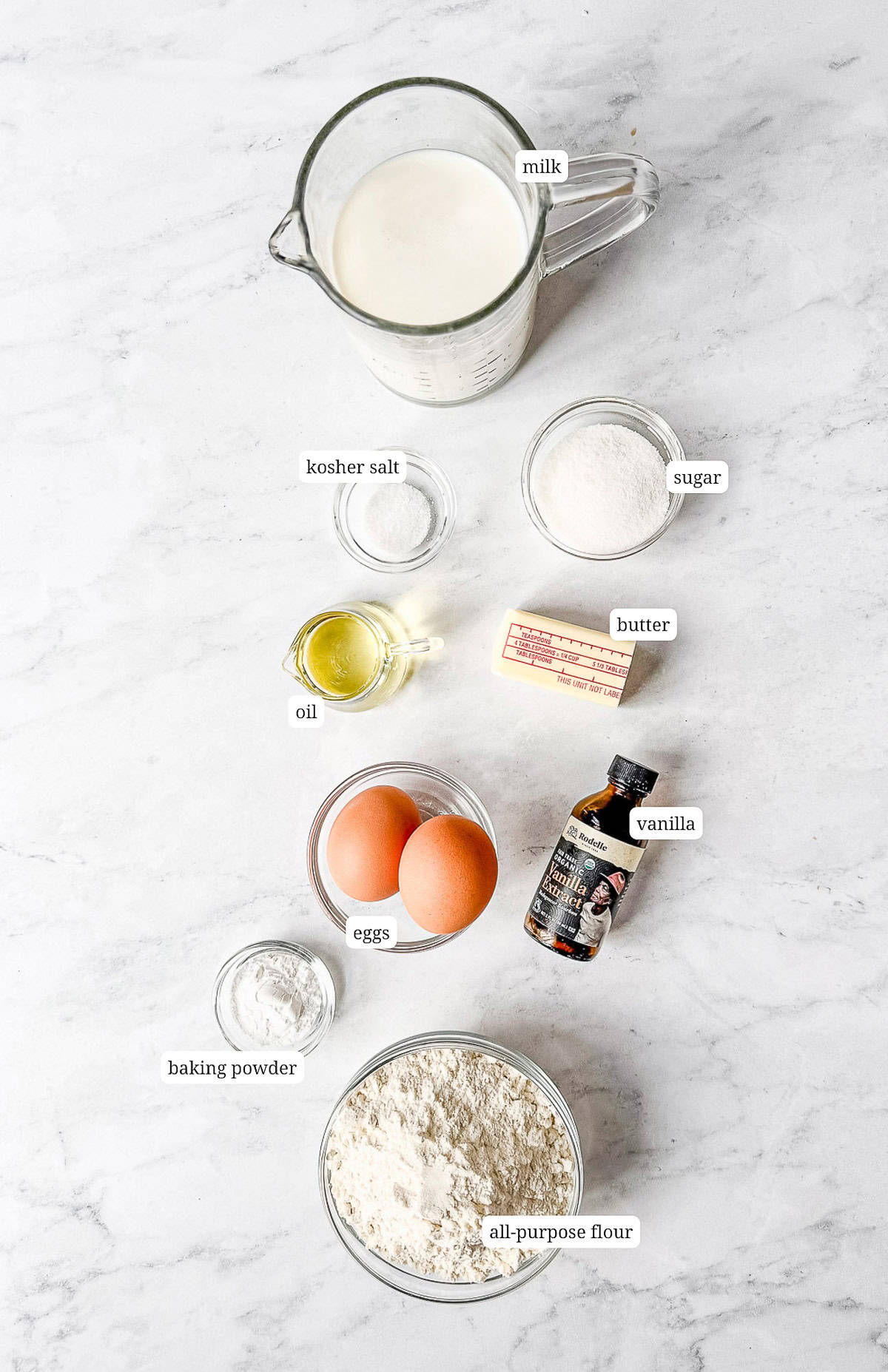 Ingredients needed to make a classic waffle recipe.