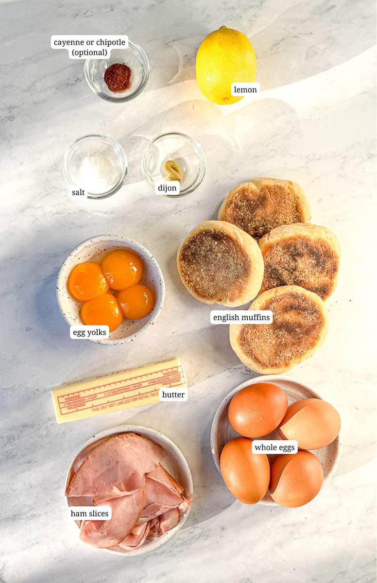 Ingredients needed to make quick and easy eggs Benedict.