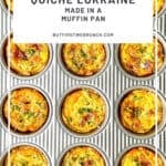 Pinterest image of mini quiche Lorraine in a muffin pan.