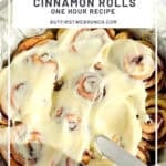 Pinterest image of cinnamon rolls with cream cheese frosting being spread.