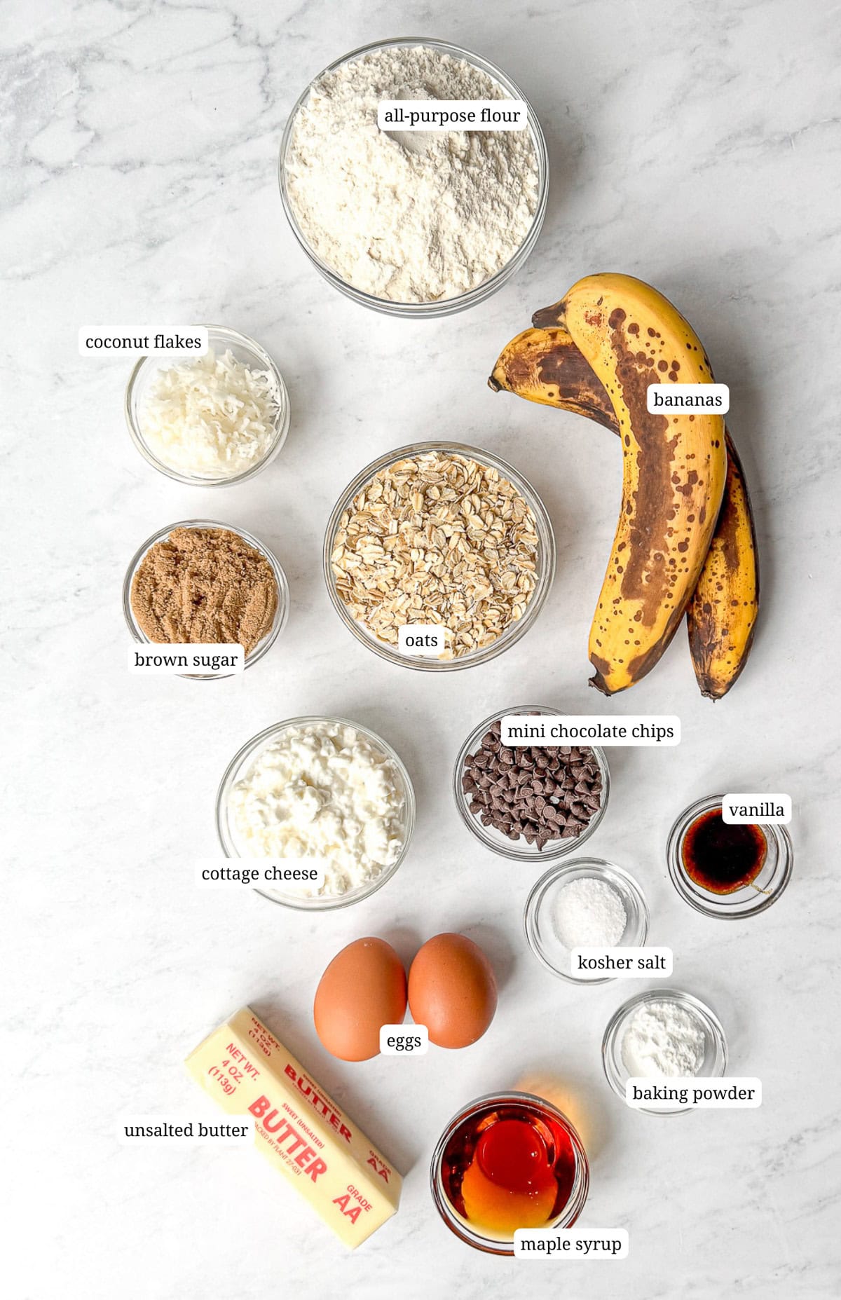 Ingredients needed to make banana breakfast cake.