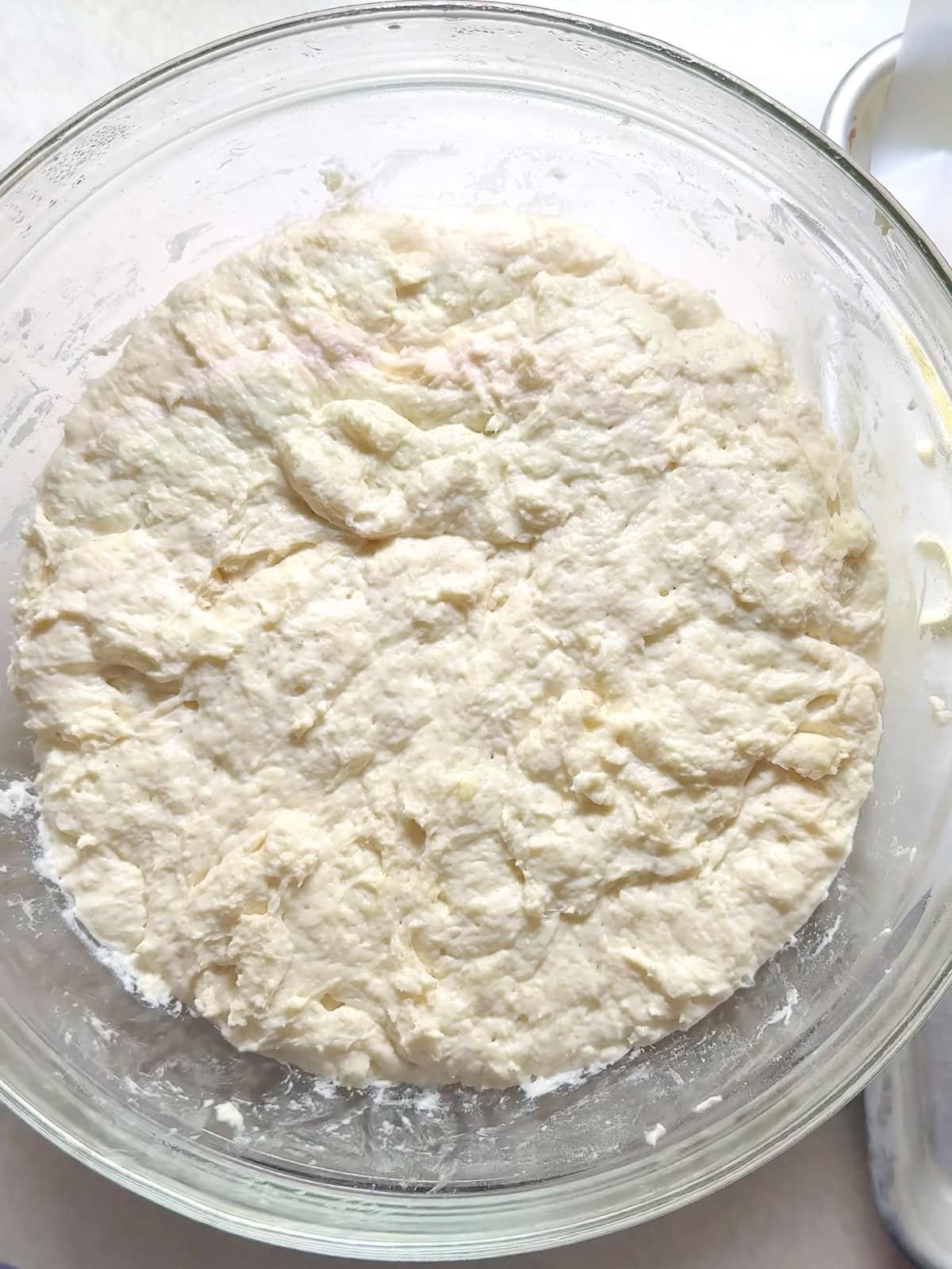 Buttered no knead dough in a glass bowl after bulk fermentation.