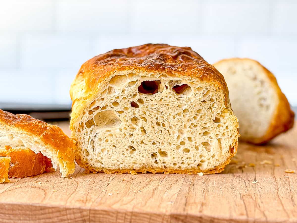Sliced view of a croissant sandwich loaf.