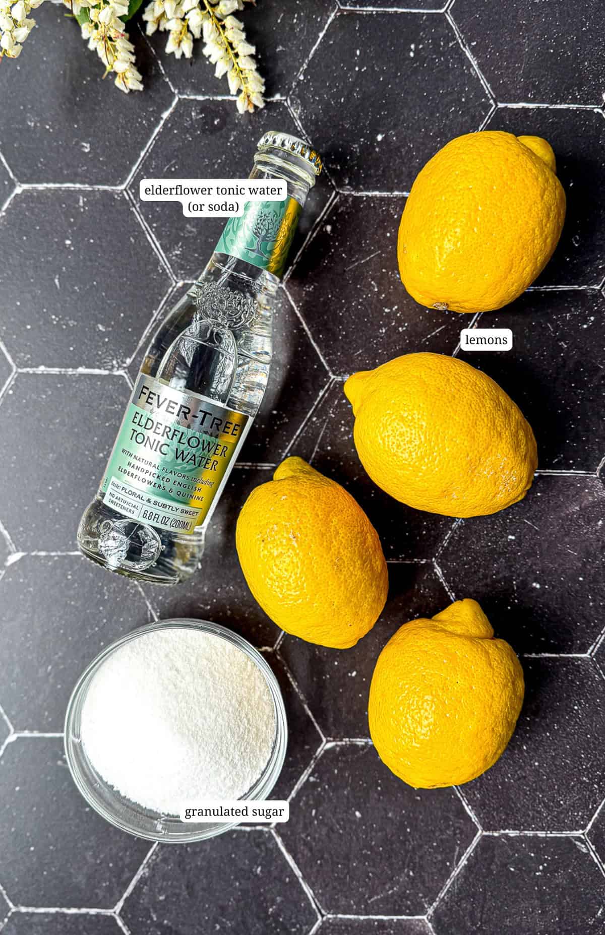 Ingredients needed for lemon elderflower mocktail.
