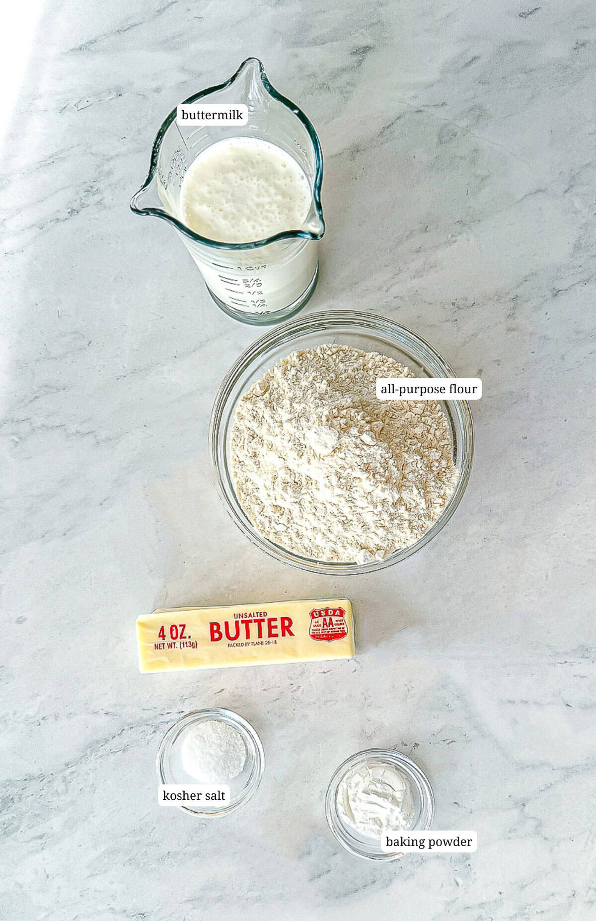 Label image of ingredients needed to make fluffy biscuits.