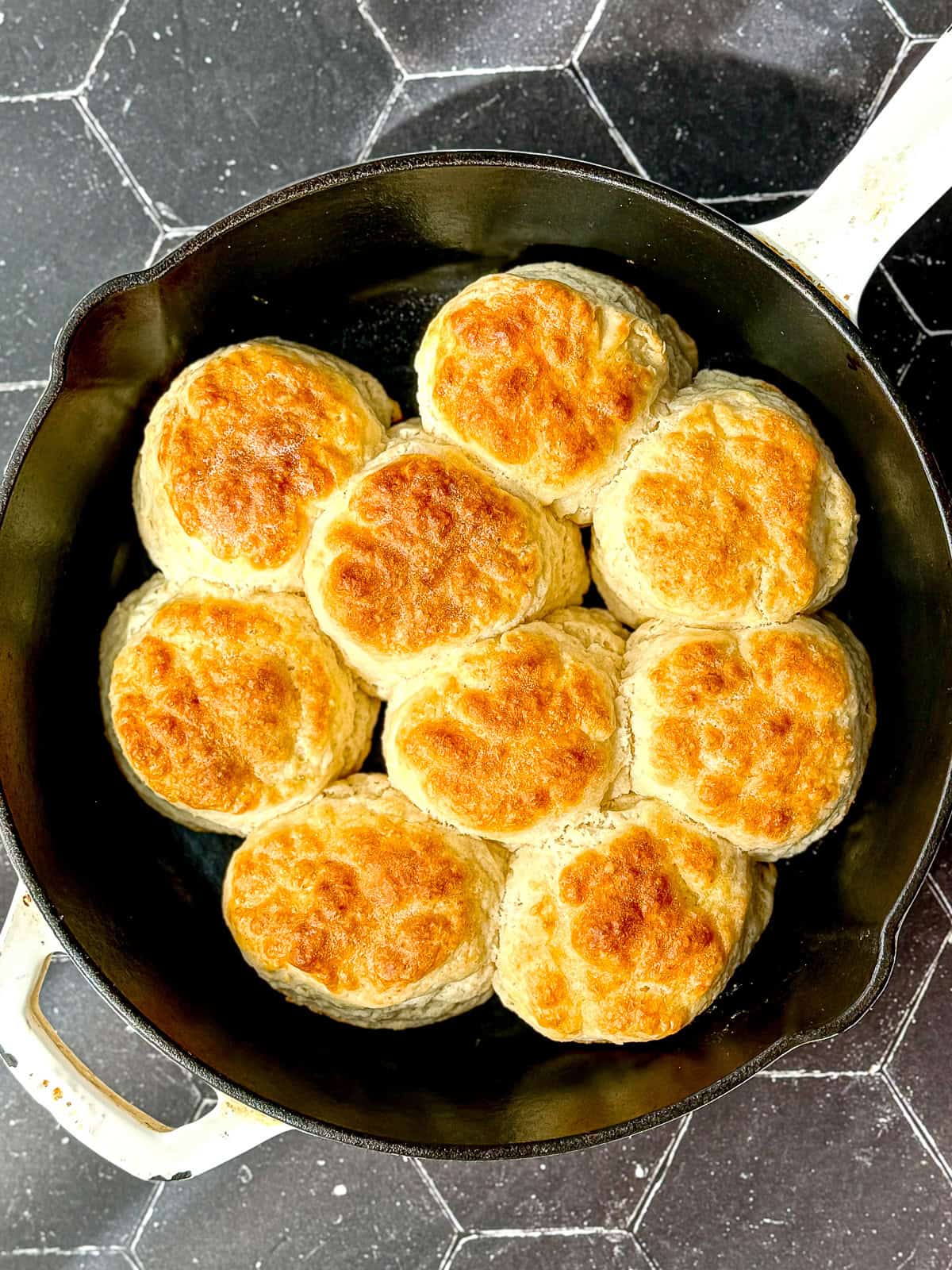 Biscuits in a cast-iron pan.