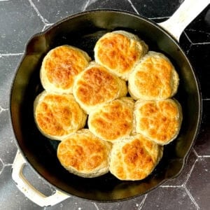 Biscuits in a cast-iron pan.