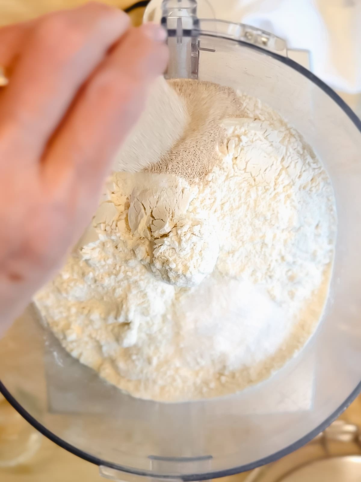 Combining dry ingredients for bread in a food processor.