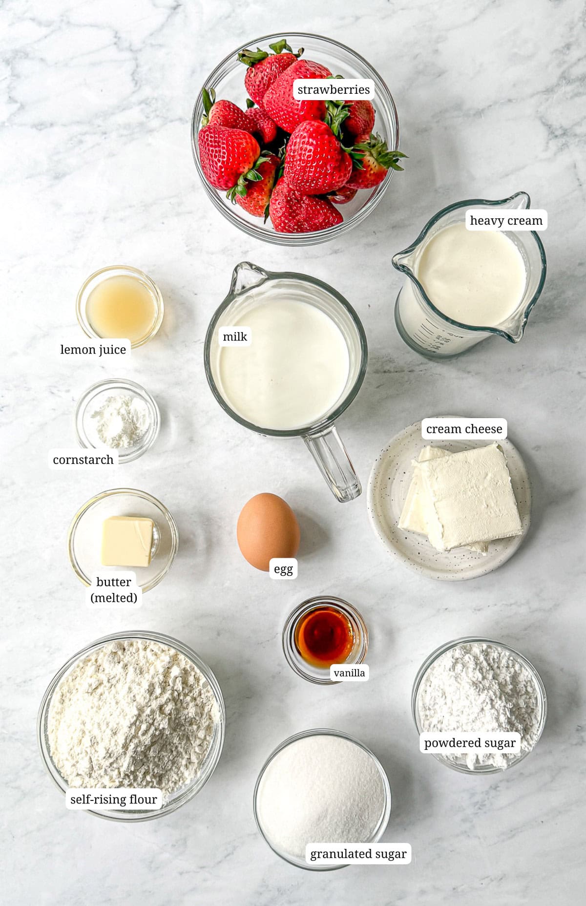 Ingredients needed to make strawberry cheesecake pancakes.