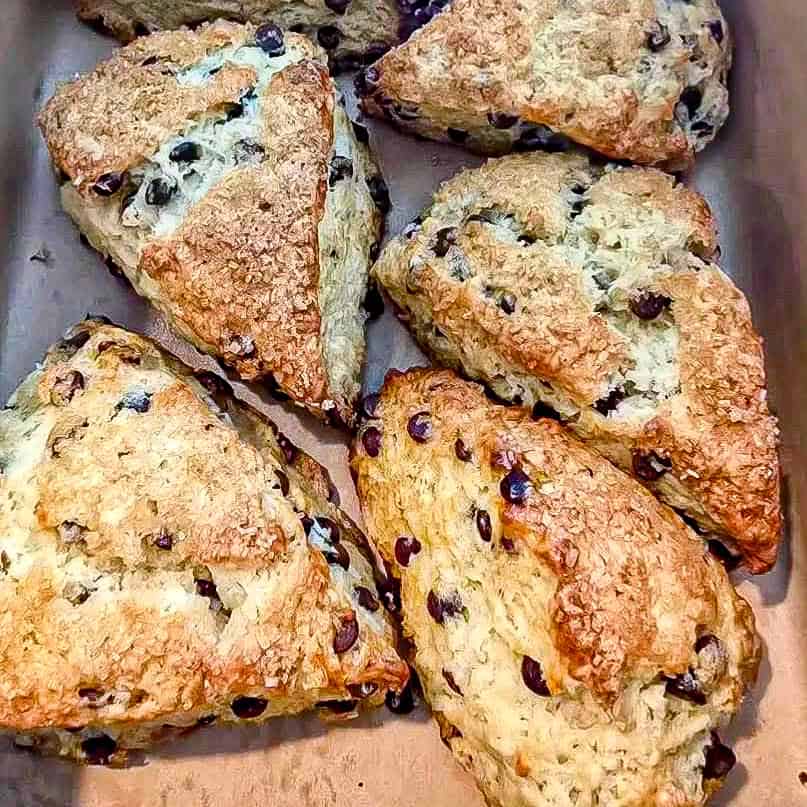 Chocolate chip scones in a cardboard box.