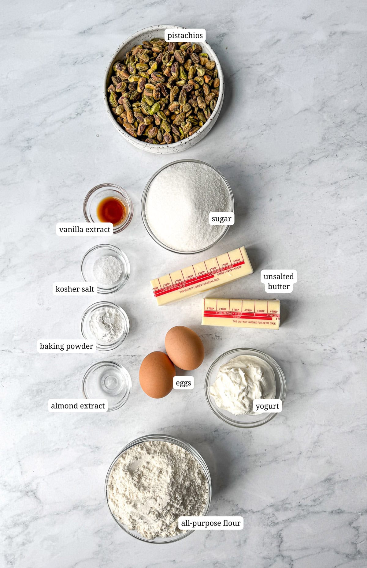 Ingredients needed to make pistachio muffins.
