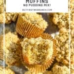 Pinterest image of streusel topped pistachio muffins.