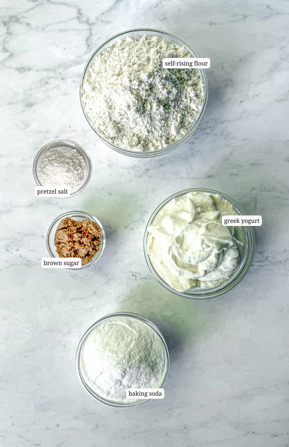 Image image of ingredients needed to make pretzel bagels with a two ingredient dough.