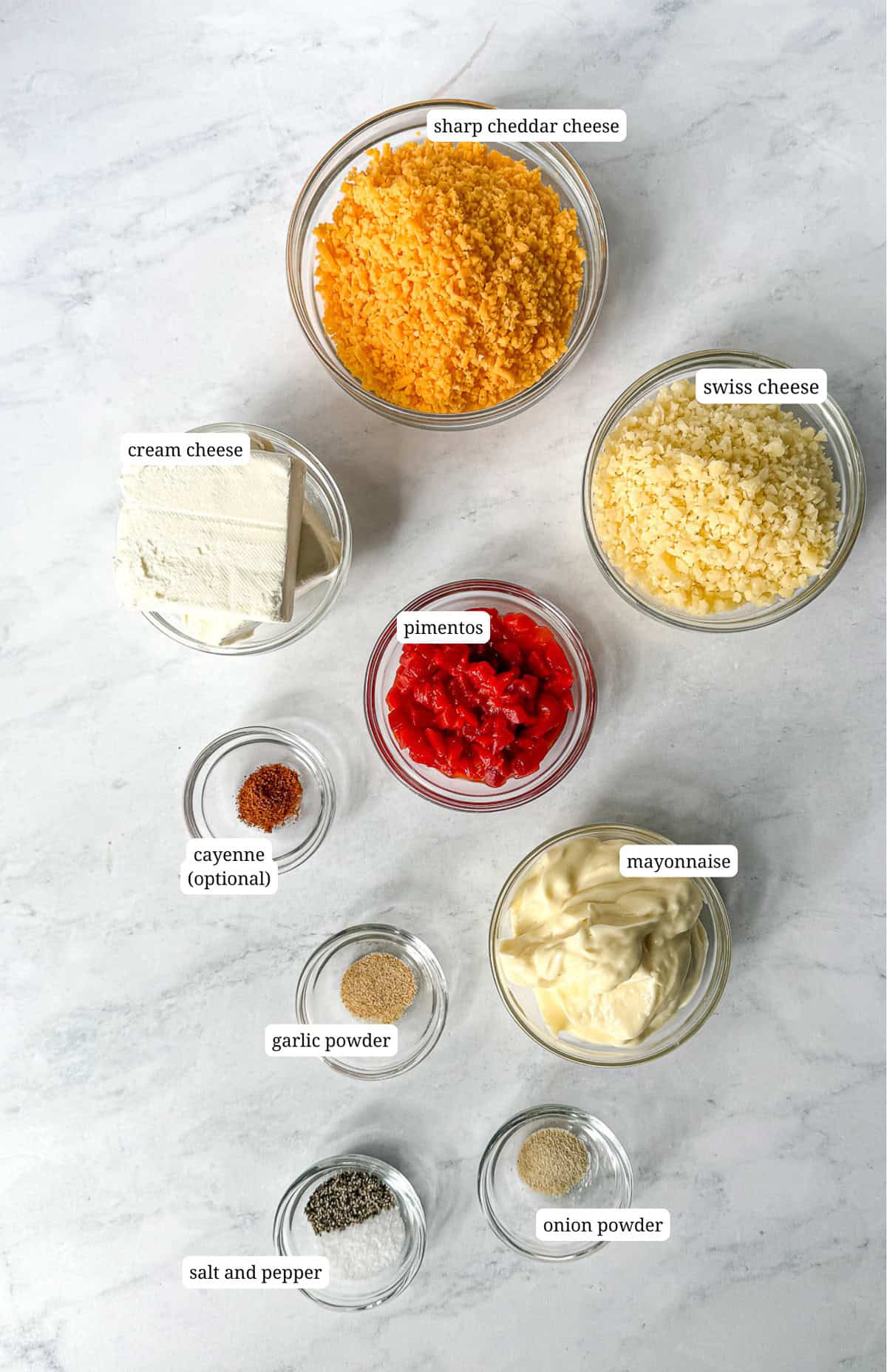 Ingredients needed to make pimento cheese.