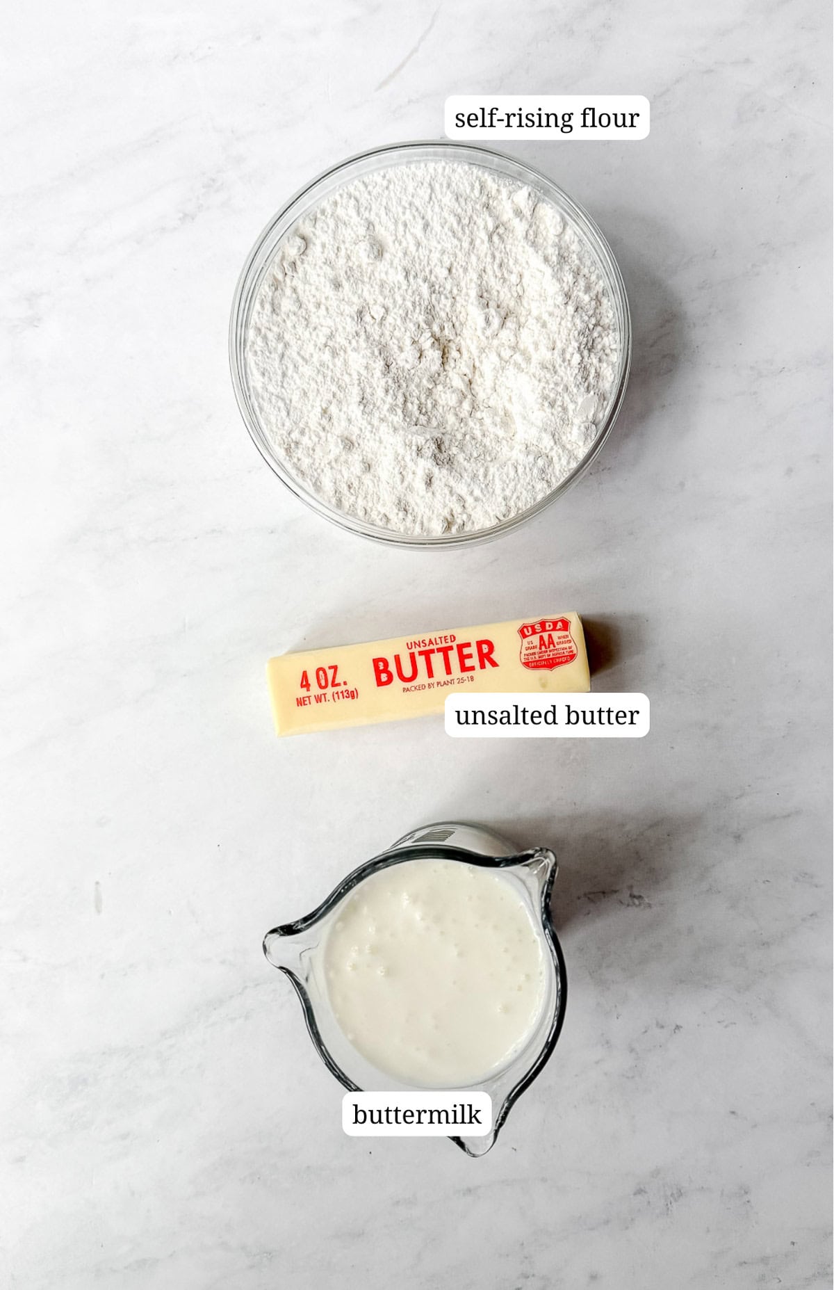 Ingredients needed to make three ingredient buttermilk biscuits.