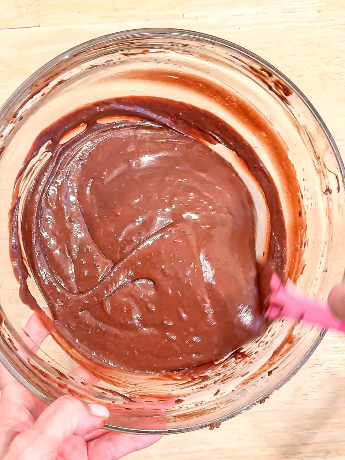 Chocolate cake batter after resting for 10 minutes.