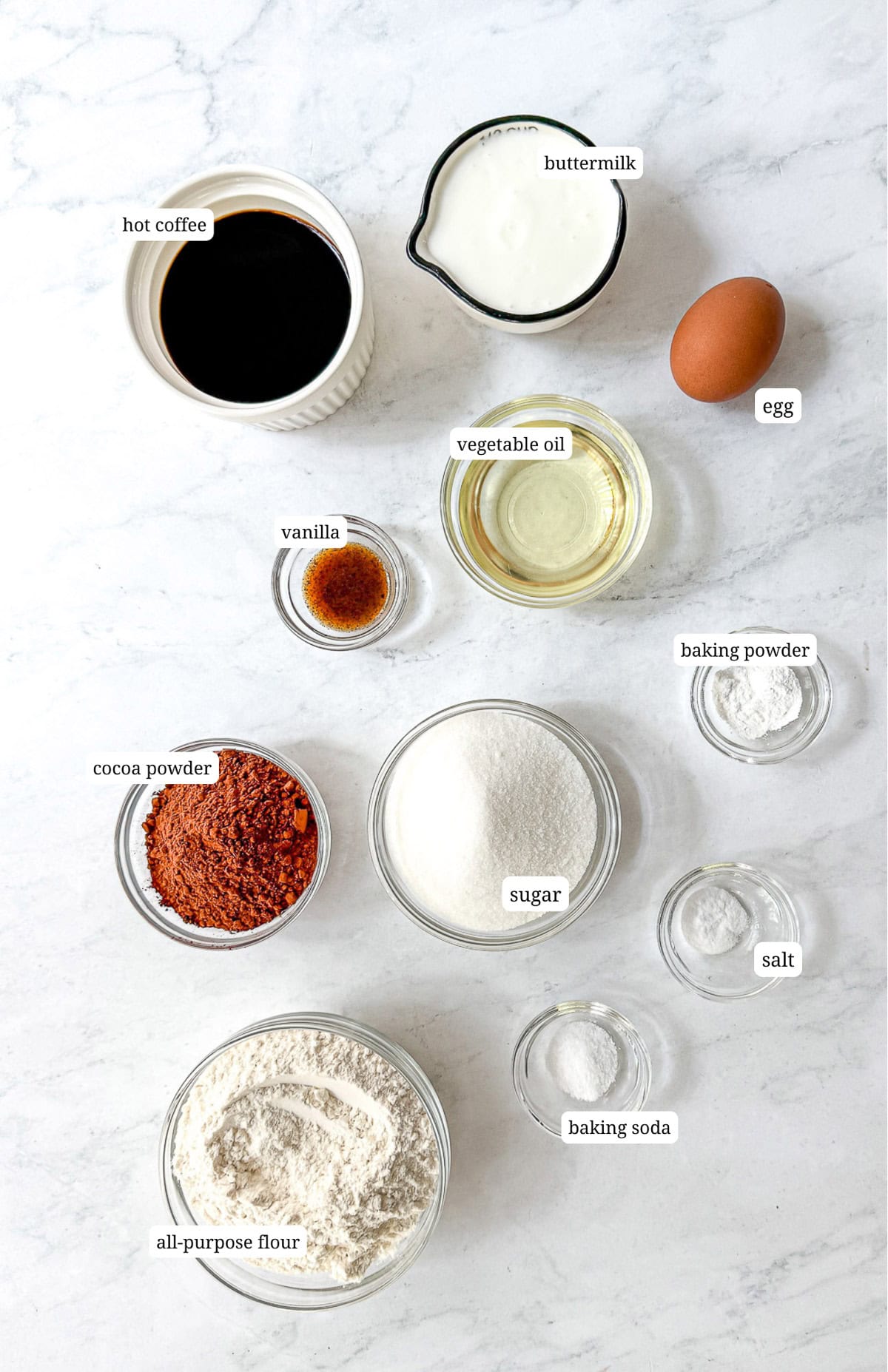 Ingredients to make chocolate snack cake.