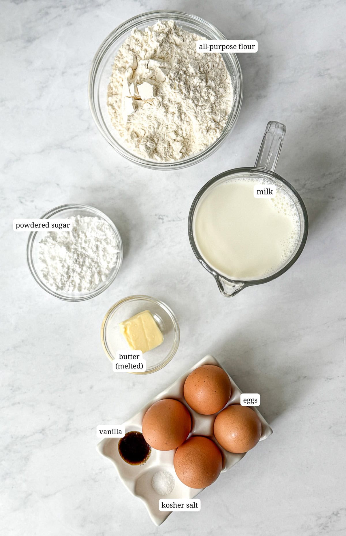 Labeled image of ingredients needed to make easy crêpes.