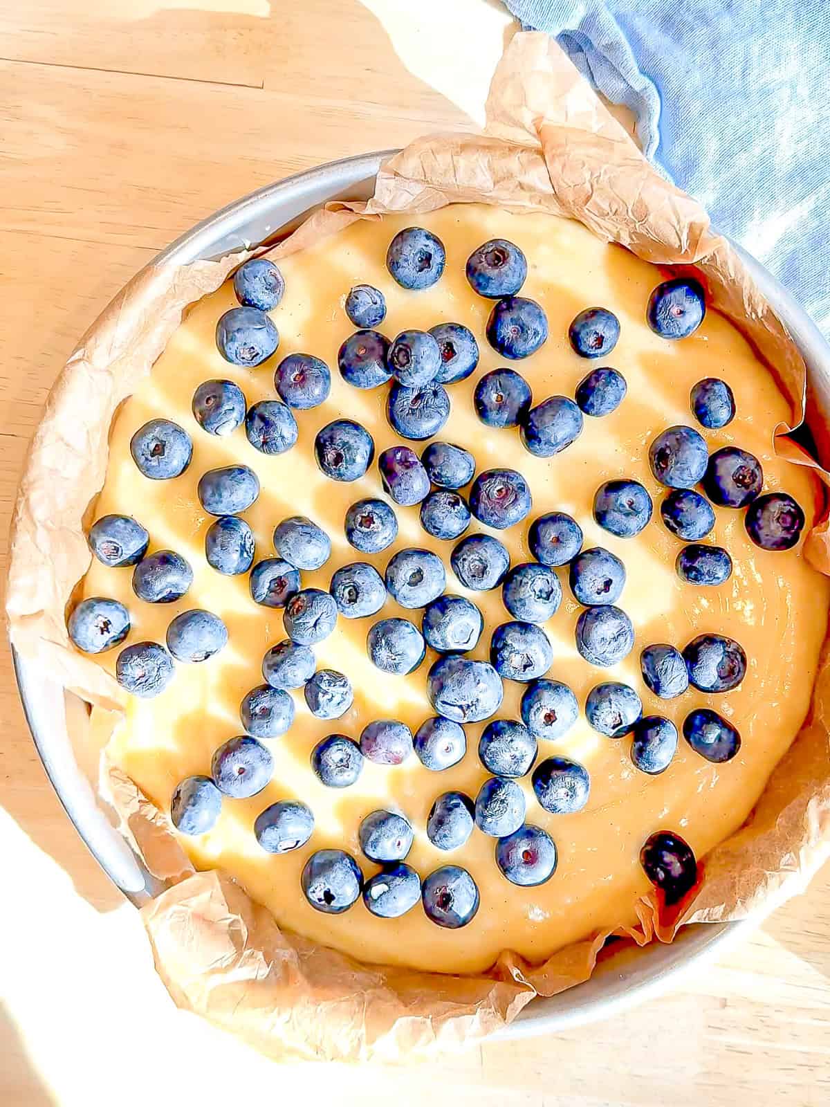 Blueberries on top of unbaked cake.