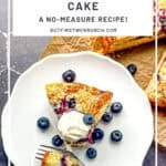 Pinterest image of a wedge of yogurt cake with blueberries on a white plate.