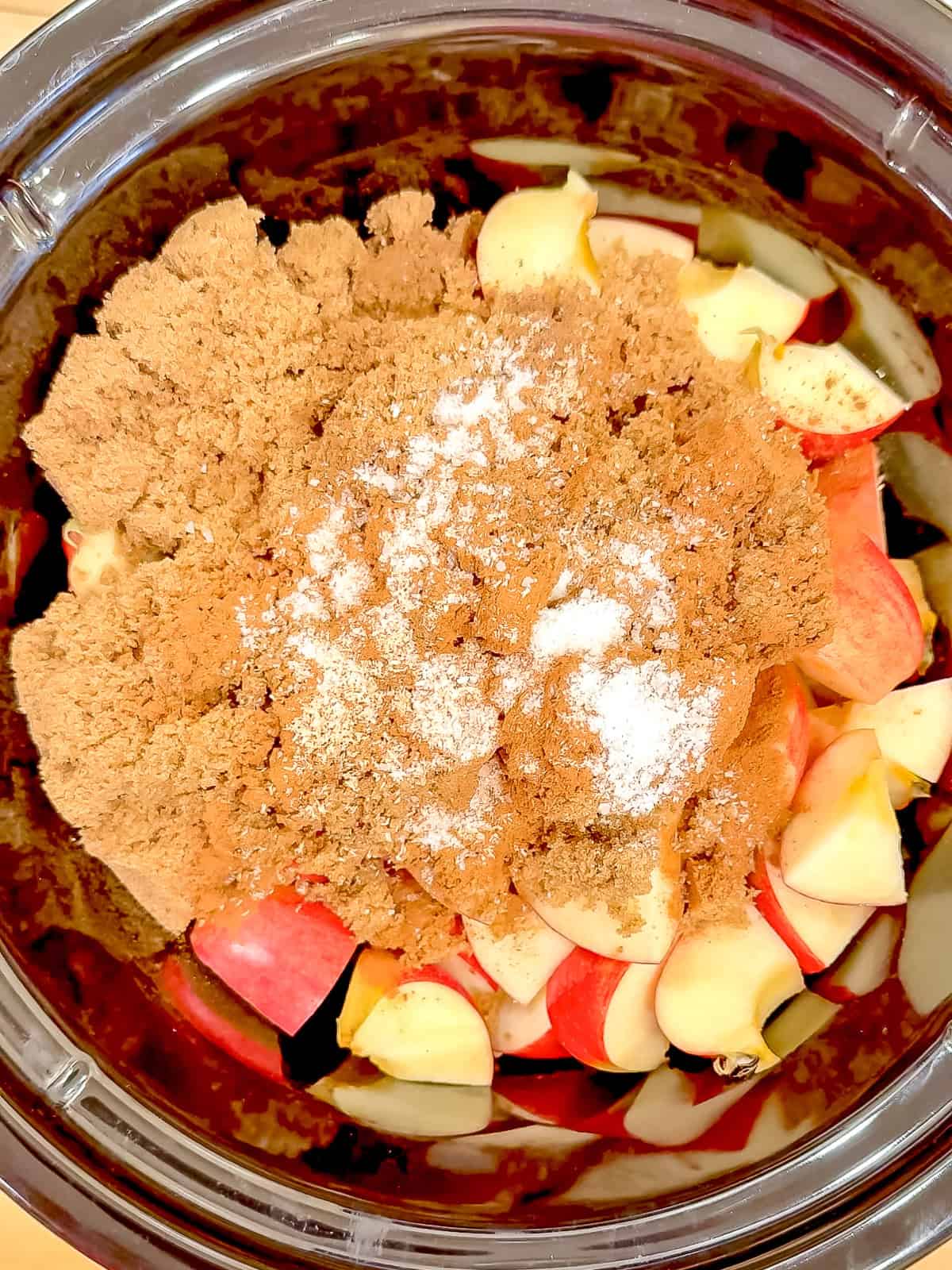 Diced apples, sugar, and fall spices in a slow cooker.