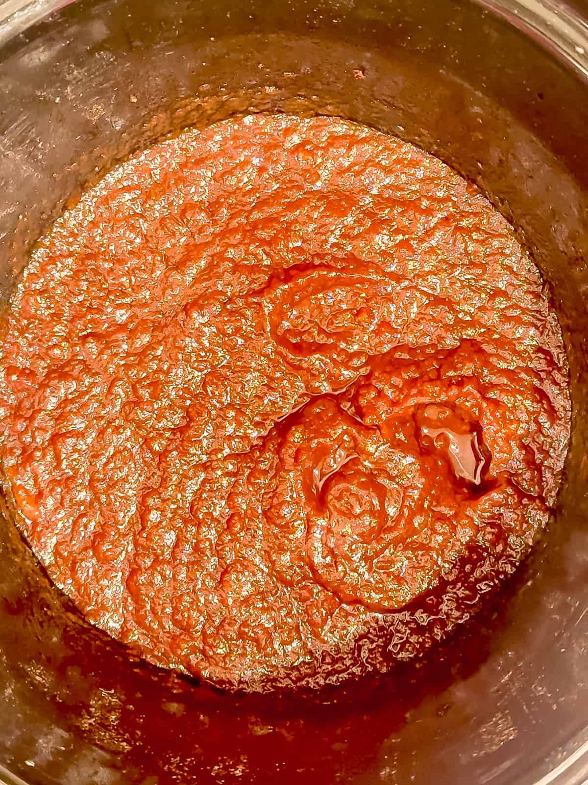 Slow cooker apple butter after puréeing with an immersion blender.