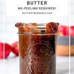 Pinterest image of a mason jar of apple butter in front of other apples.