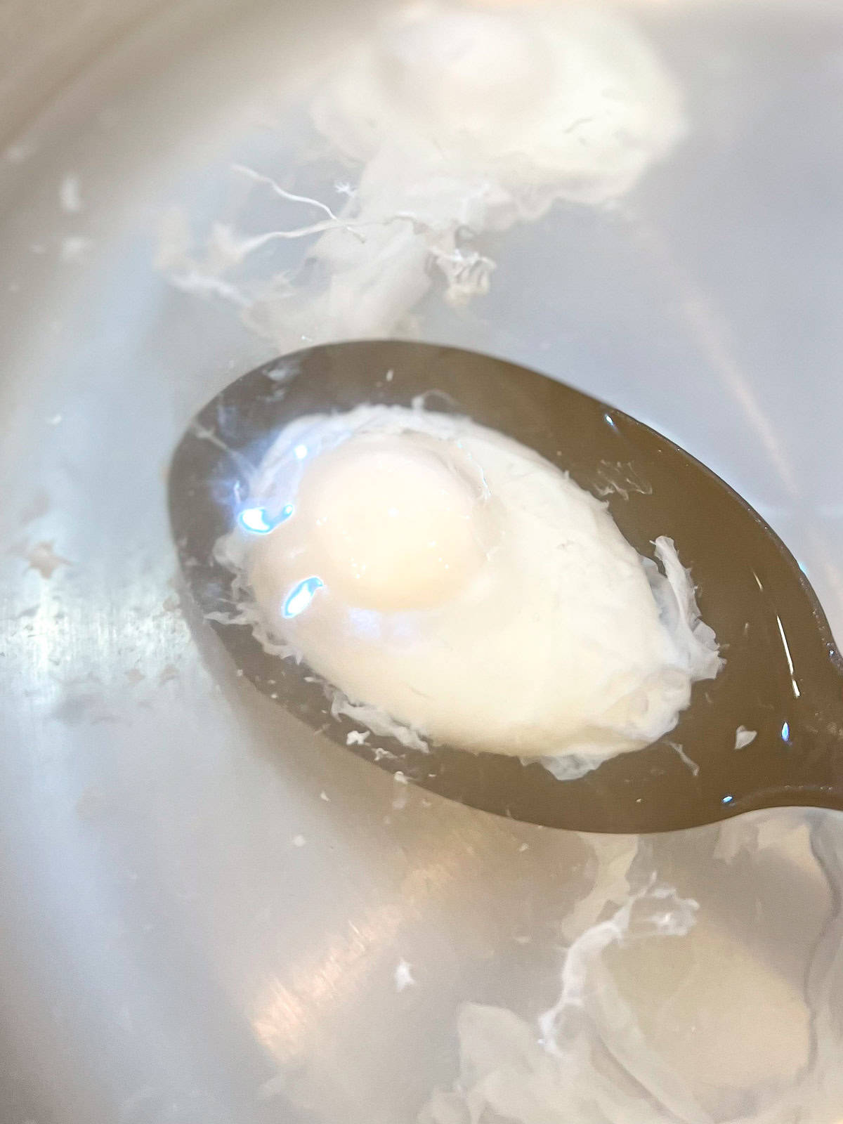 Removing a poached egg from water with a slotted spoon.