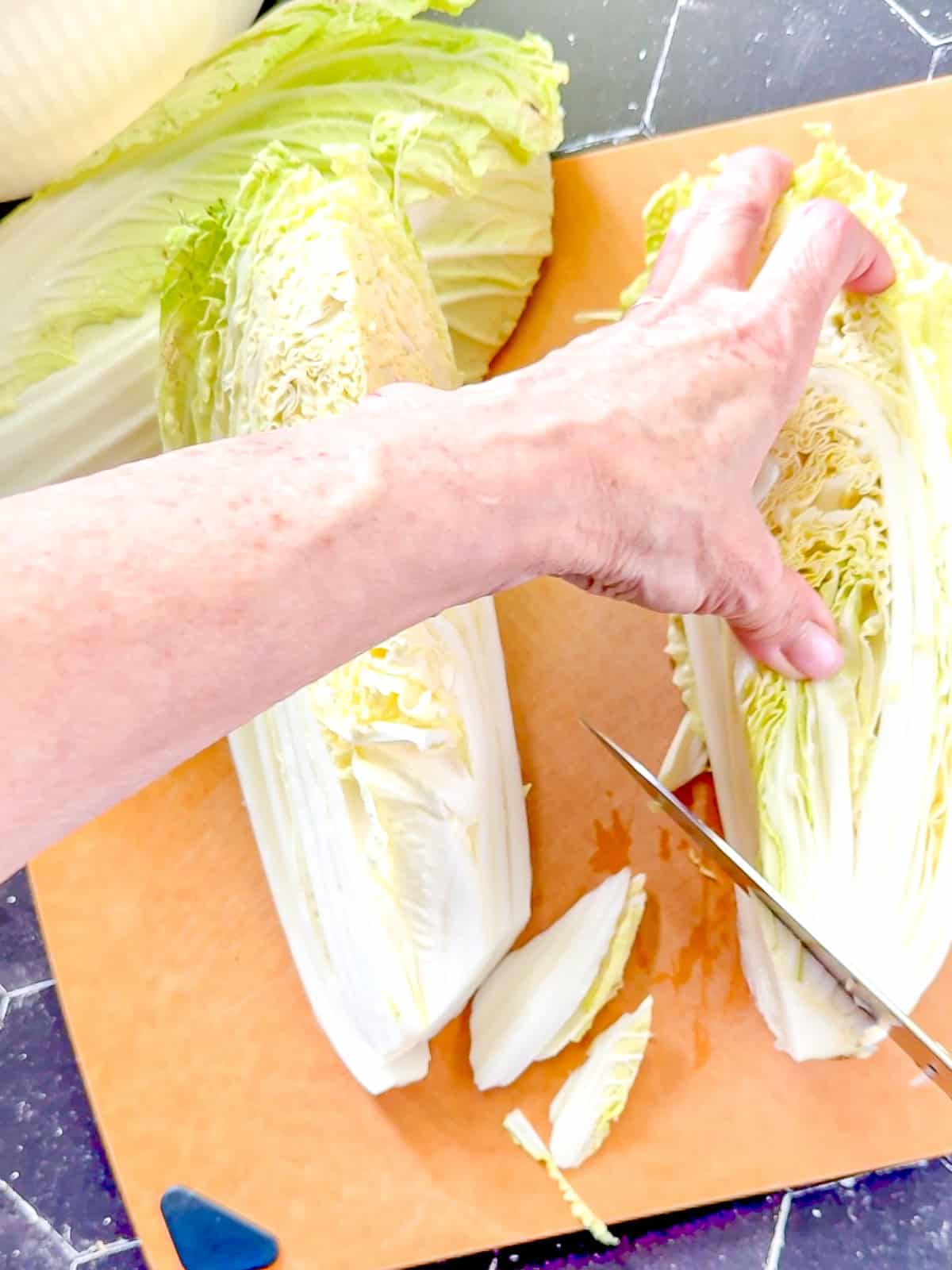 Removing the core from a quartered Napa cabbage.