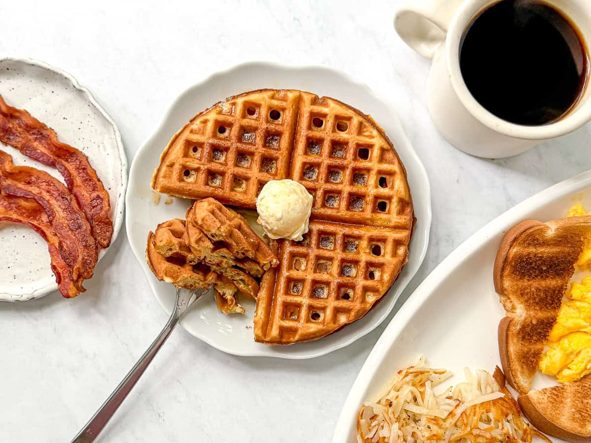 Horizontal image of copycat waffle House All-Star breakfast.