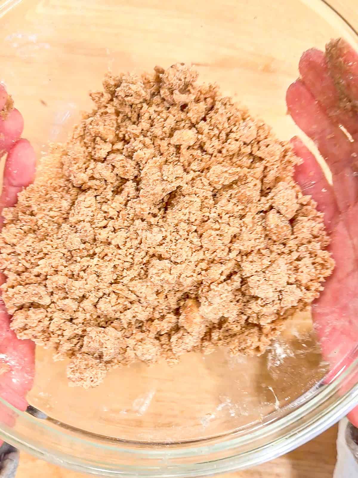 Streusel topping in a glass bowl.