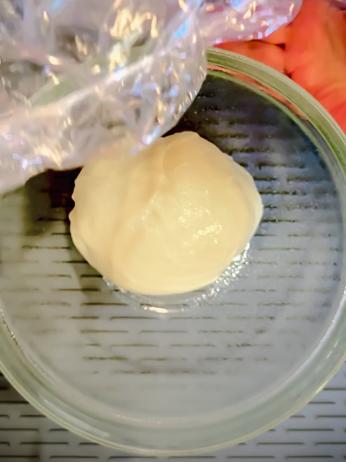 Placing kneaded brioche into a greased bowl.