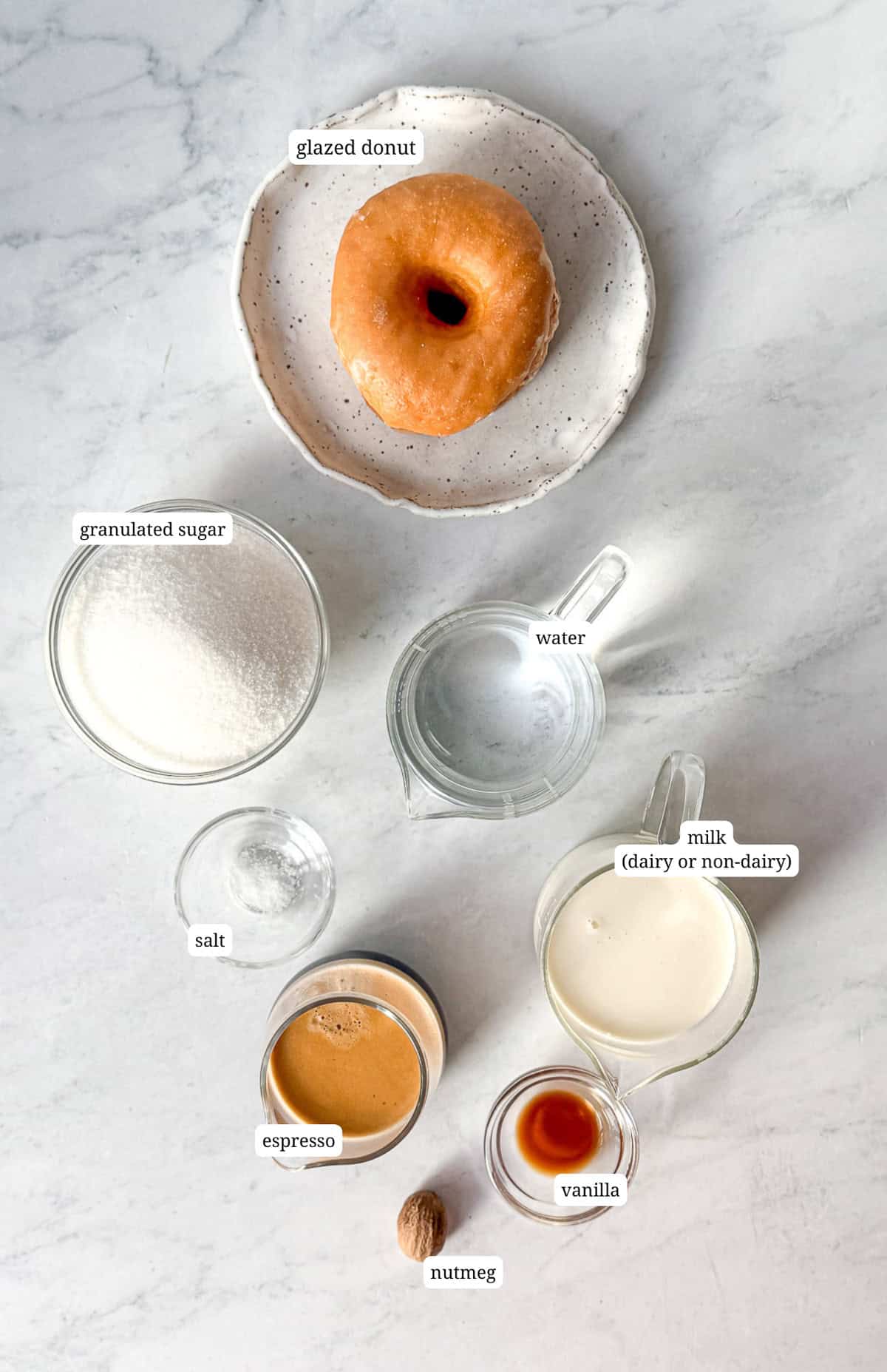 Labeled image of ingredients to make a glazed doughnut latte.