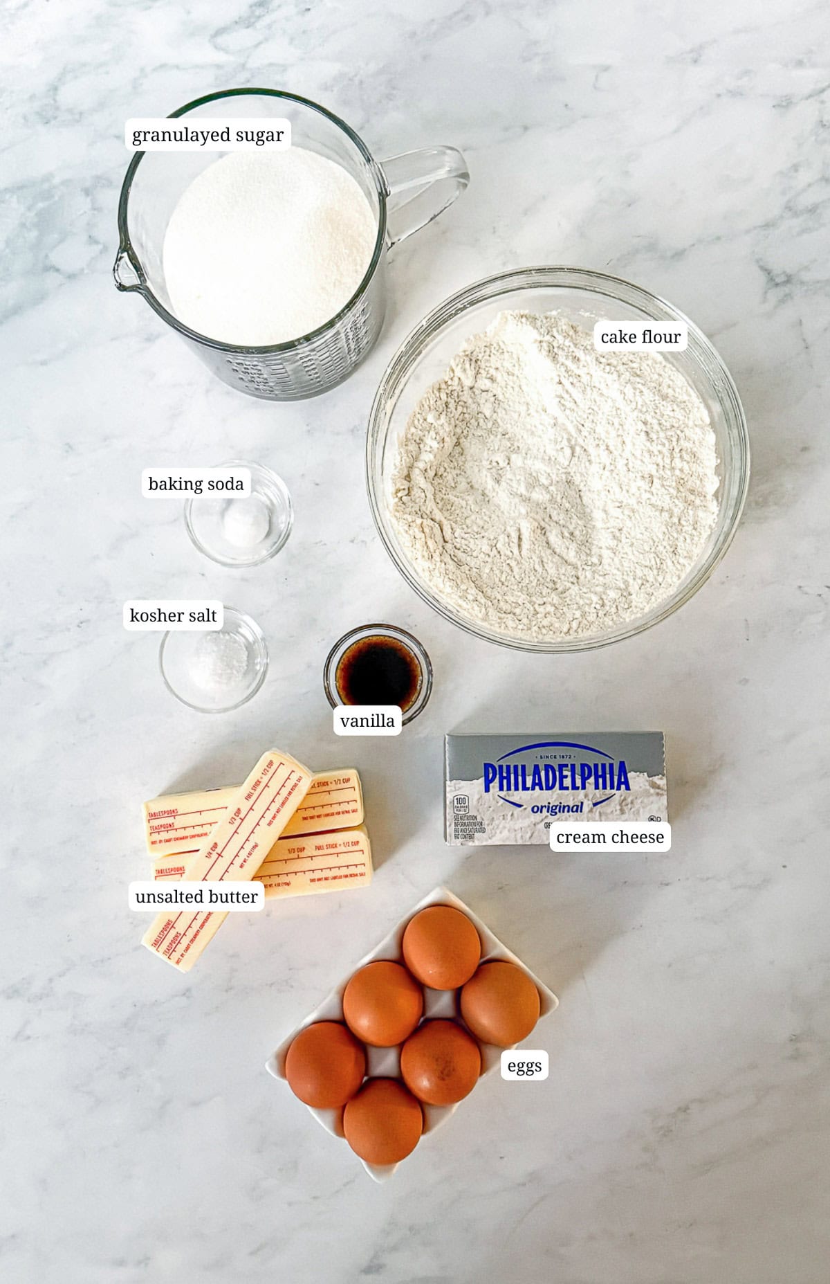 Labeled image of ingredients to make cream cheese poundcake.