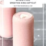Pinterest image of a strawberry banana smoothie with a dollop of yogurt on top.