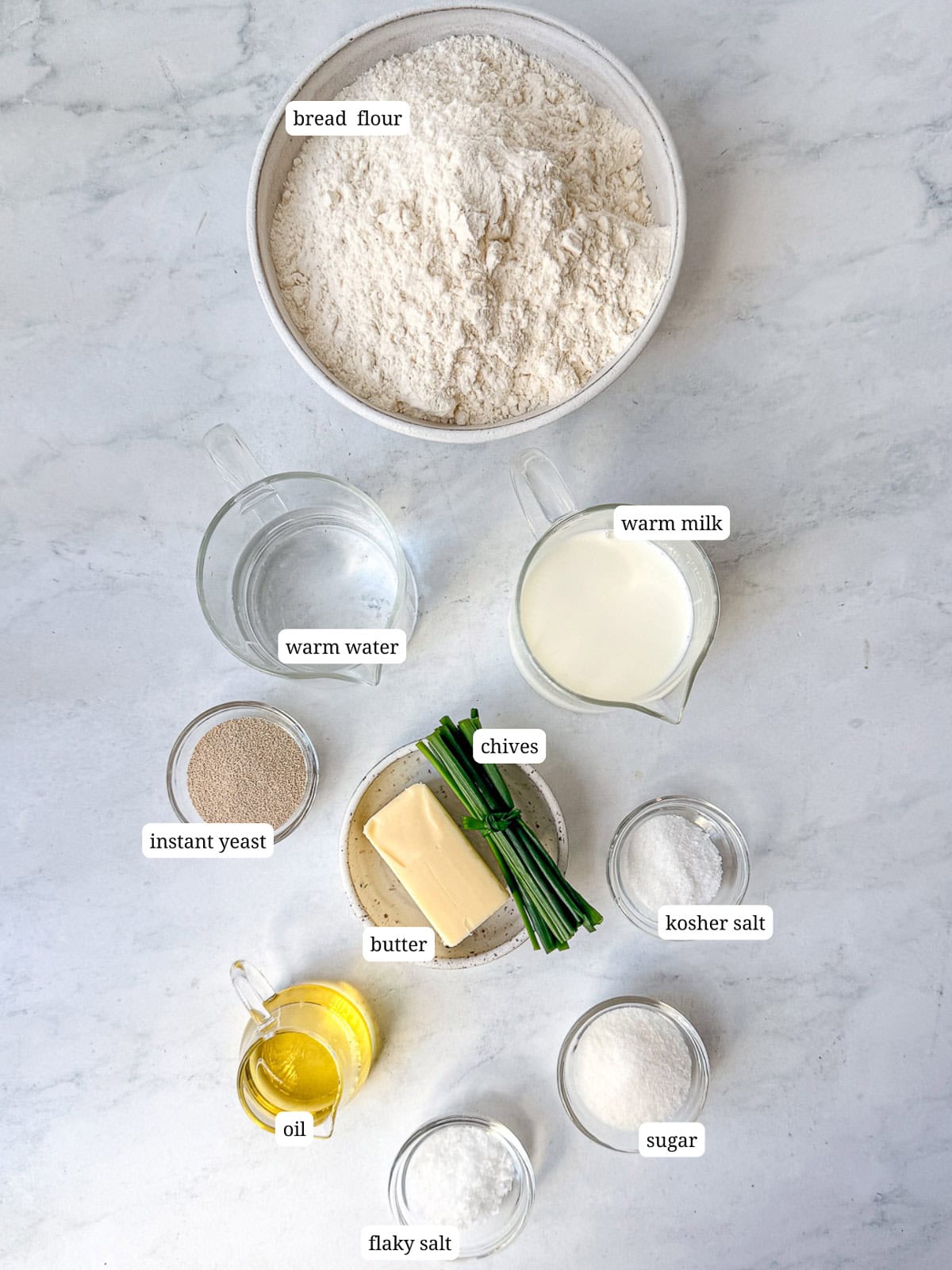 Labeled image of ingredients needed to make 90 minute dinner rolls with chive butter.