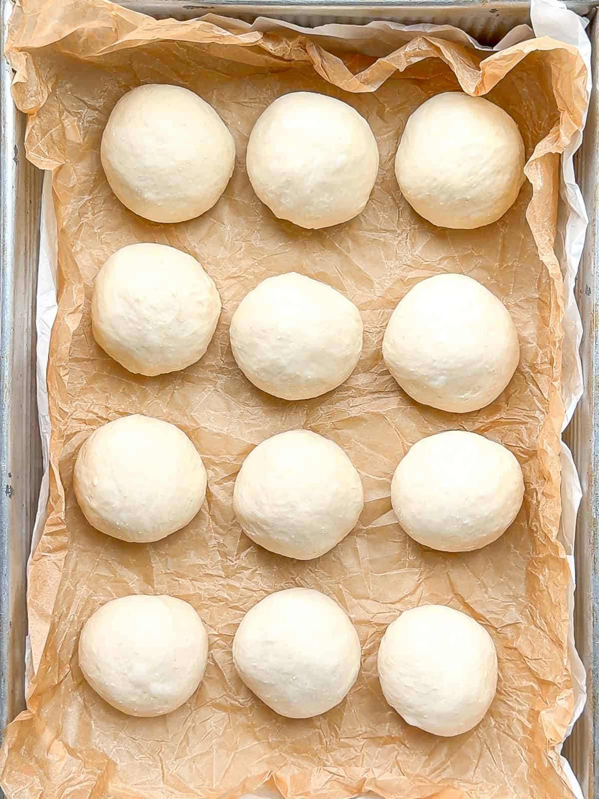 Shaped dinner rolls ready to start their second rise in a baking pan.