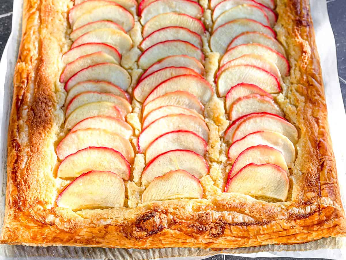 Close-up of apple frangipane tart.