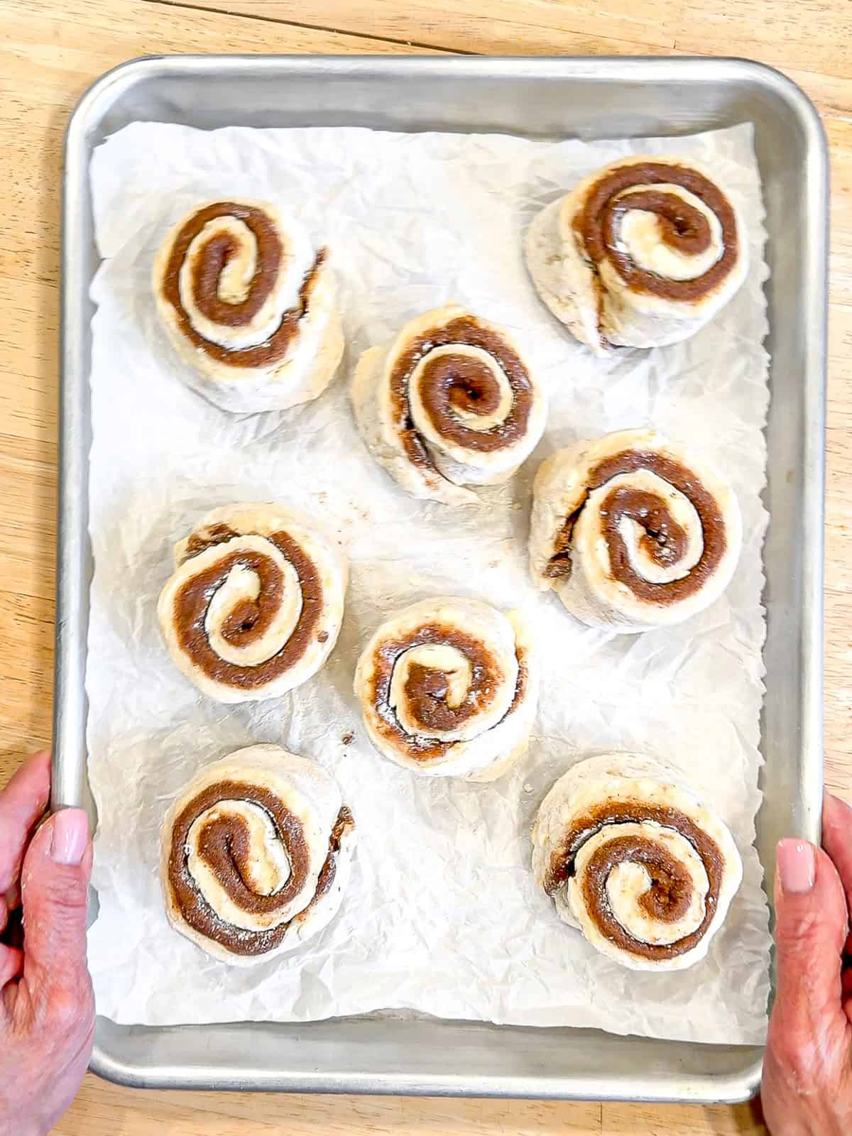 Cinnamon roll biscuits on a parchment paper lined sheet pan ready to bake.